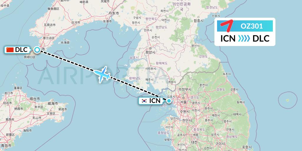 OZ301 Asiana Airlines Flight Map: Seoul to Dalian