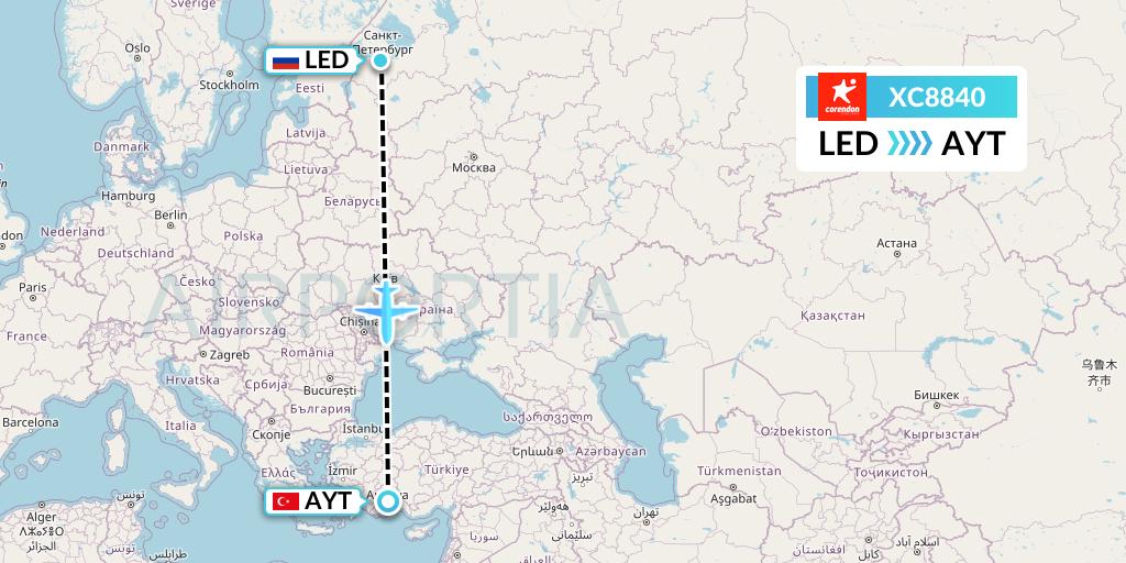 XC8840 Corendon Airlines Flight Map: St. Petersburg to Antalya
