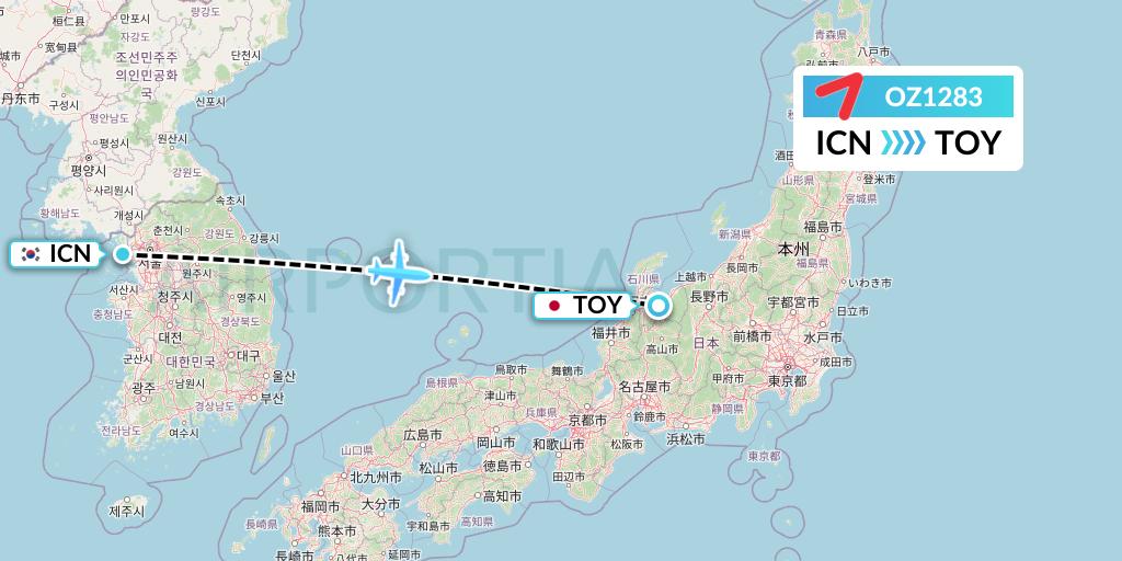 OZ1283 Asiana Airlines Flight Map: Seoul to Toyama