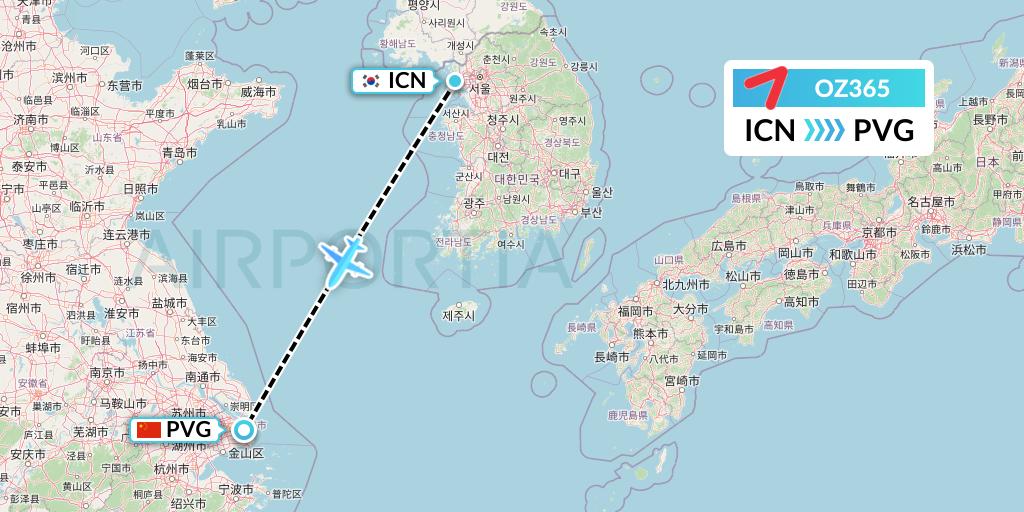 OZ365 Asiana Airlines Flight Map: Seoul to Shanghai