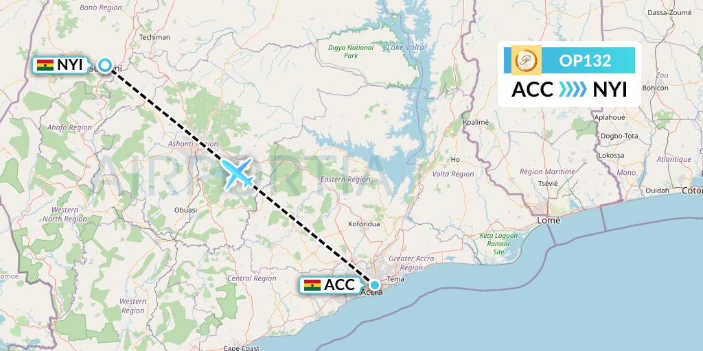 OP132 PassionAir Flight Map: Accra to Sunyani