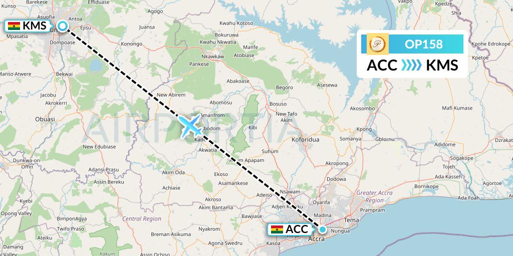 OP158 PassionAir Flight Map: Accra to Kumasi
