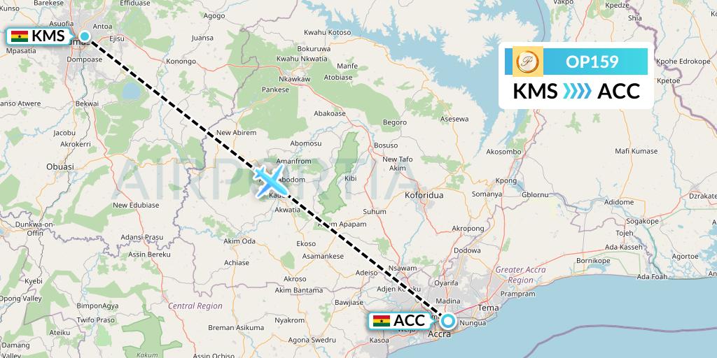 OP159 PassionAir Flight Map: Kumasi to Accra