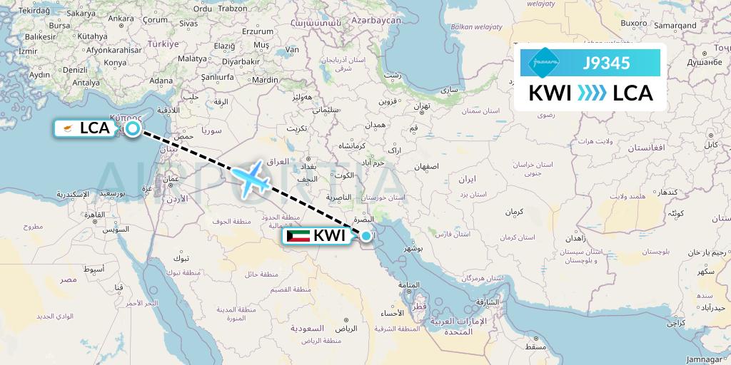 J9345 Jazeera Airways Flight Map: Kuwait City to Larnaca