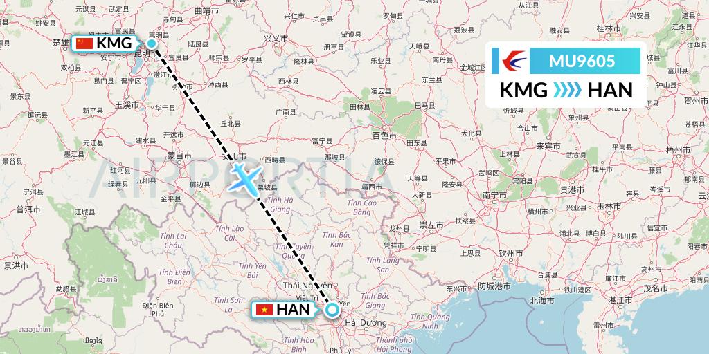 MU9605 China Eastern Airlines Flight Map: Kunming to Hanoi