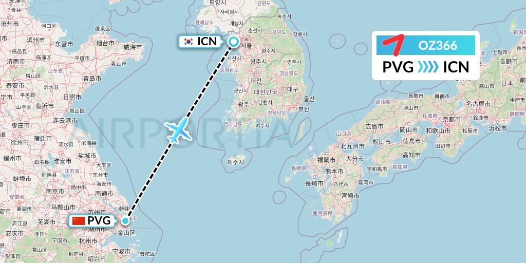 OZ366 Asiana Airlines Flight Map: Shanghai to Seoul