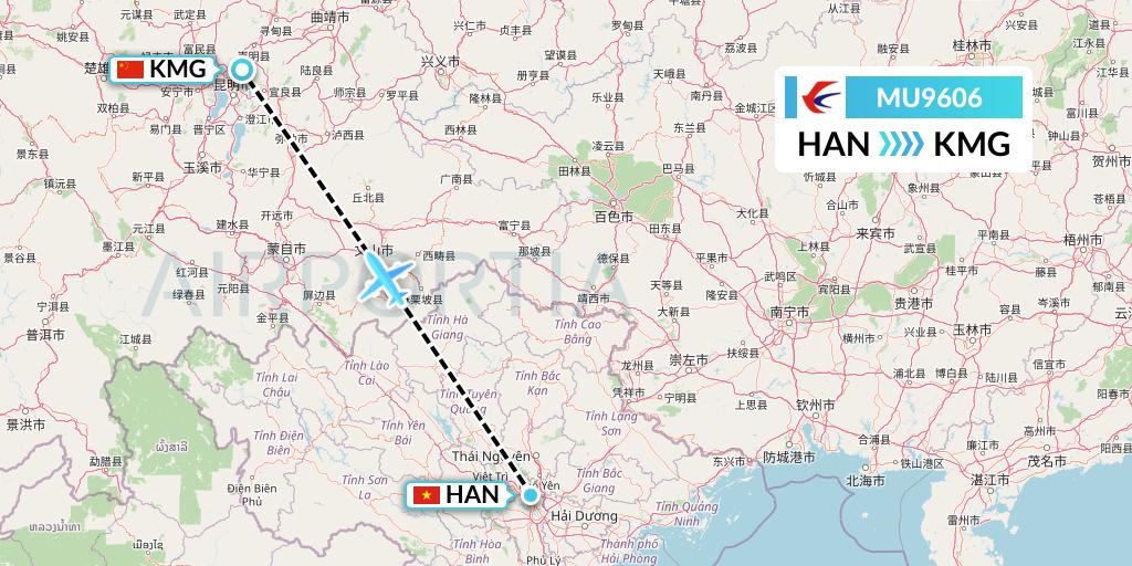 MU9606 China Eastern Airlines Flight Map: Hanoi to Kunming
