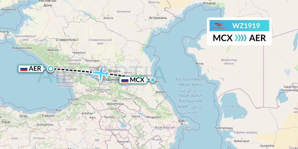 WZ1919 Red Wings Flight Map: Makhachkala to Sochi