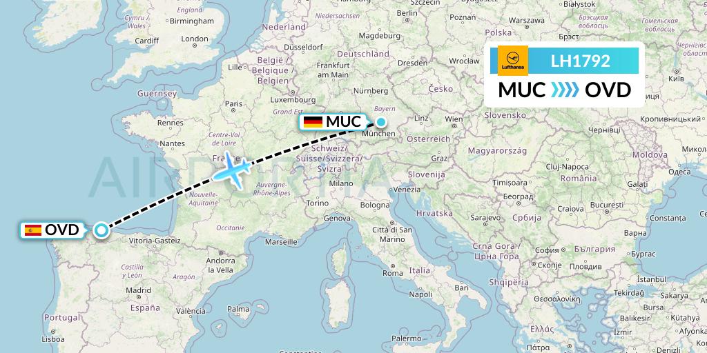 LH1792 Lufthansa Flight Map: Munich to Asturias