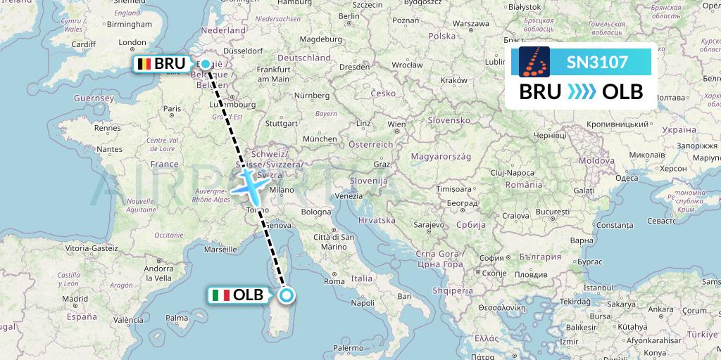 SN3107 Brussels Airlines Flight Map: Brussels to Olbia