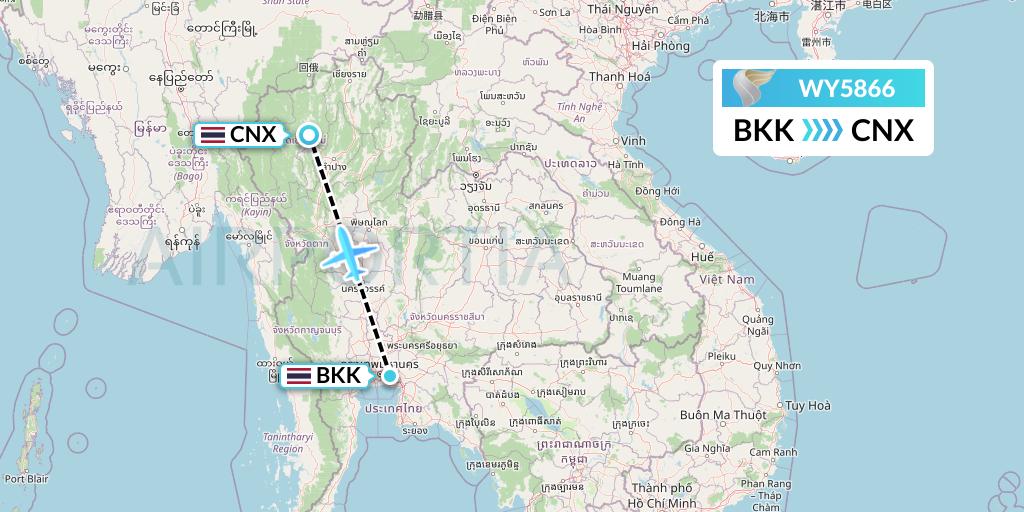 WY5866 Oman Air Flight Map: Bangkok to Chiang Mai
