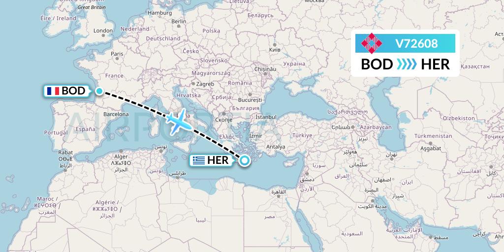 V72608 Volotea Flight Map: Bordeaux to Heraklion
