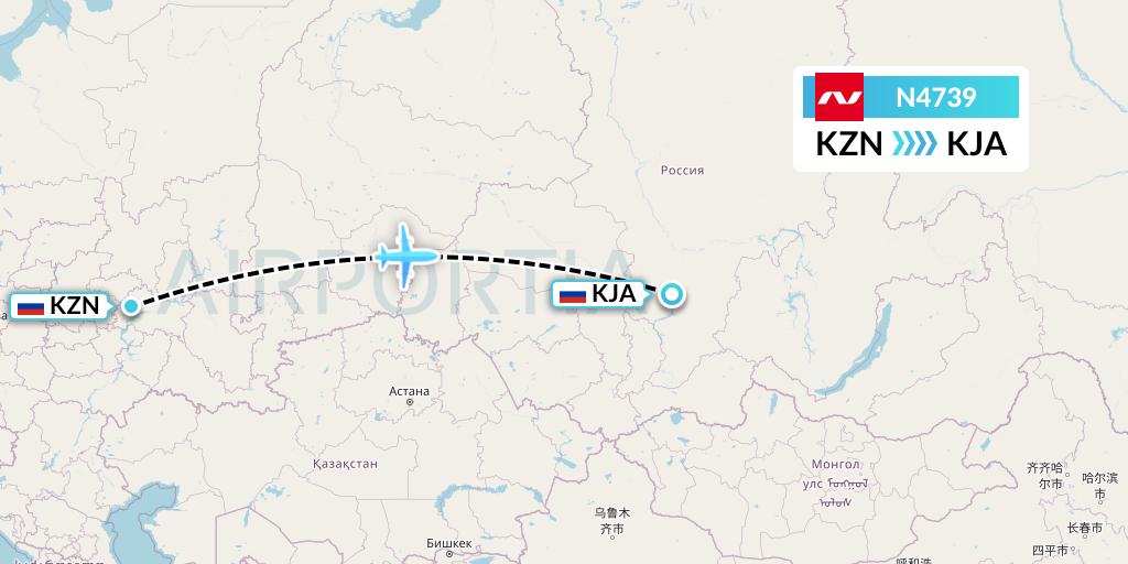 N4739 Nordwind Airlines Flight Map: Kazan to Krasnoyarsk