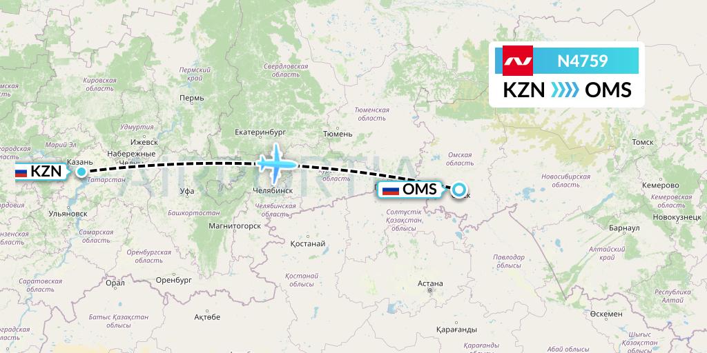 N4759 Nordwind Airlines Flight Map: Kazan to Omsk
