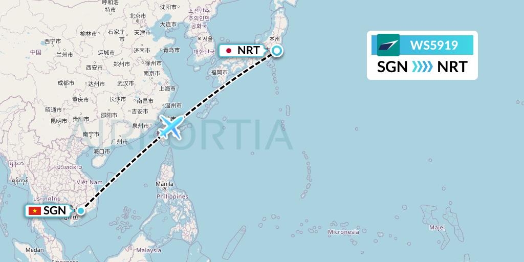 WS5919 WestJet Flight Map: Ho Chi Minh City to Tokyo