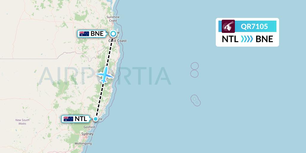 QR7105 Qatar Airways Flight Map: Newcastle to Brisbane