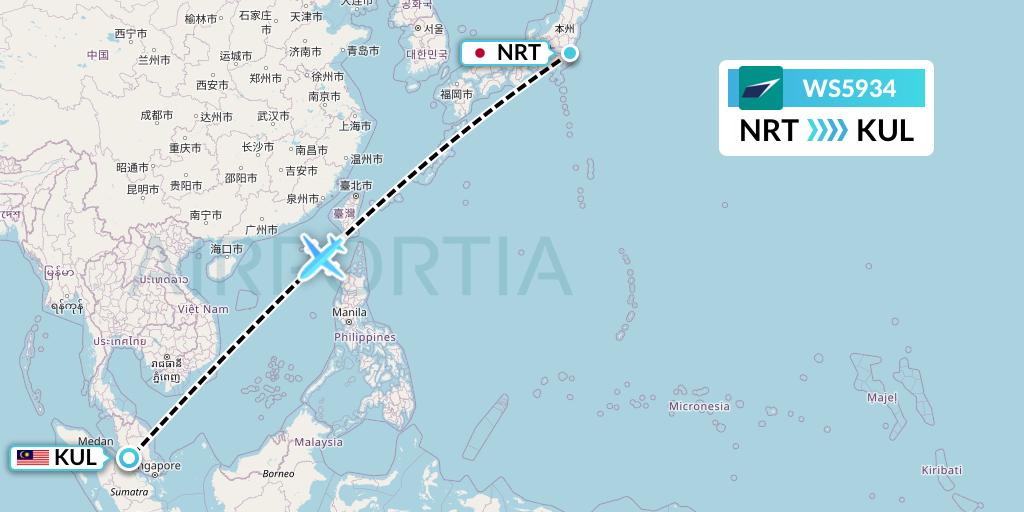 WS5934 WestJet Flight Map: Tokyo to Kuala Lumpur