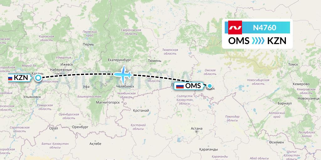 N4760 Nordwind Airlines Flight Map: Omsk to Kazan