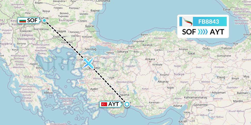 FB8843 Bulgaria Air Flight Map: Sofia to Antalya