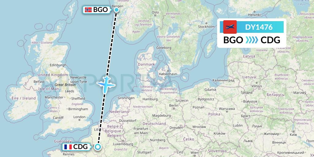 DY1476 Norwegian Flight Map: Bergen to Paris