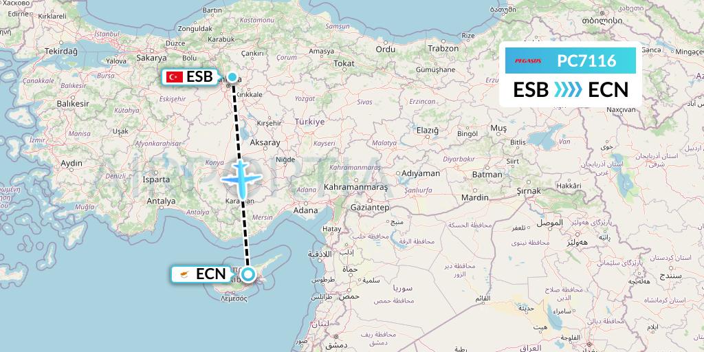 PC7116 Pegasus Airlines Flight Map: Ankara to Tymvou