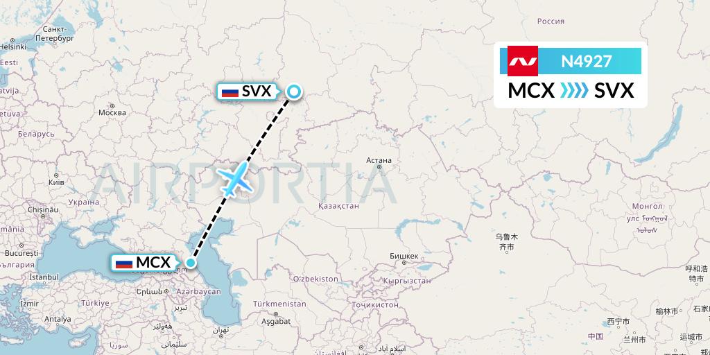 N4927 Nordwind Airlines Flight Map: Makhachkala to Yekaterinburg