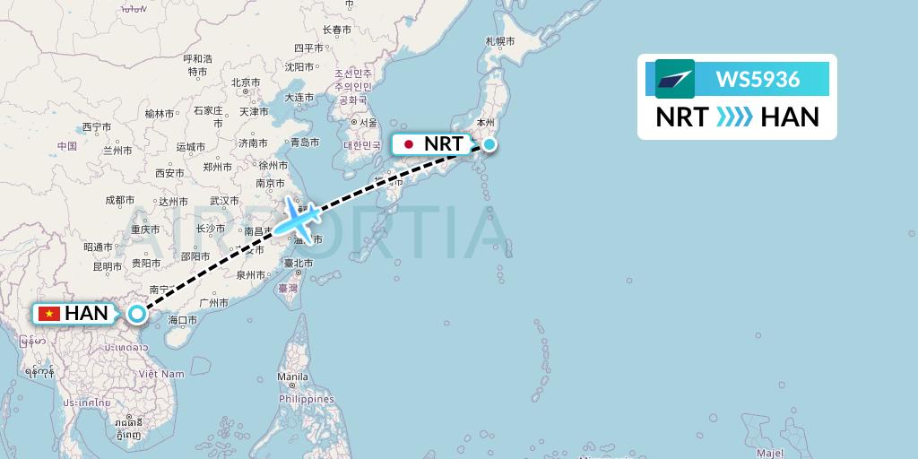 WS5936 WestJet Flight Map: Tokyo to Hanoi
