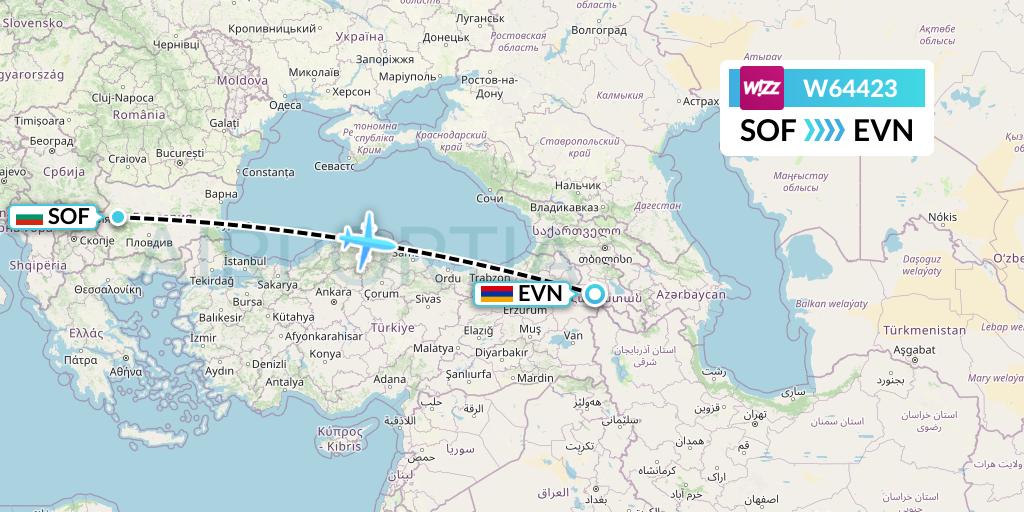 W64423 Wizz Air Flight Map: Sofia to Yerevan