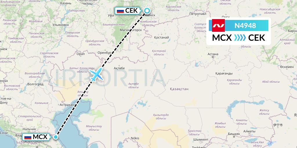 N4948 Nordwind Airlines Flight Map: Makhachkala to Chelyabinsk