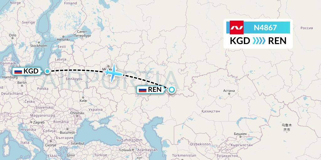 N4867 Nordwind Airlines Flight Map: Kaliningrad to Orenburg