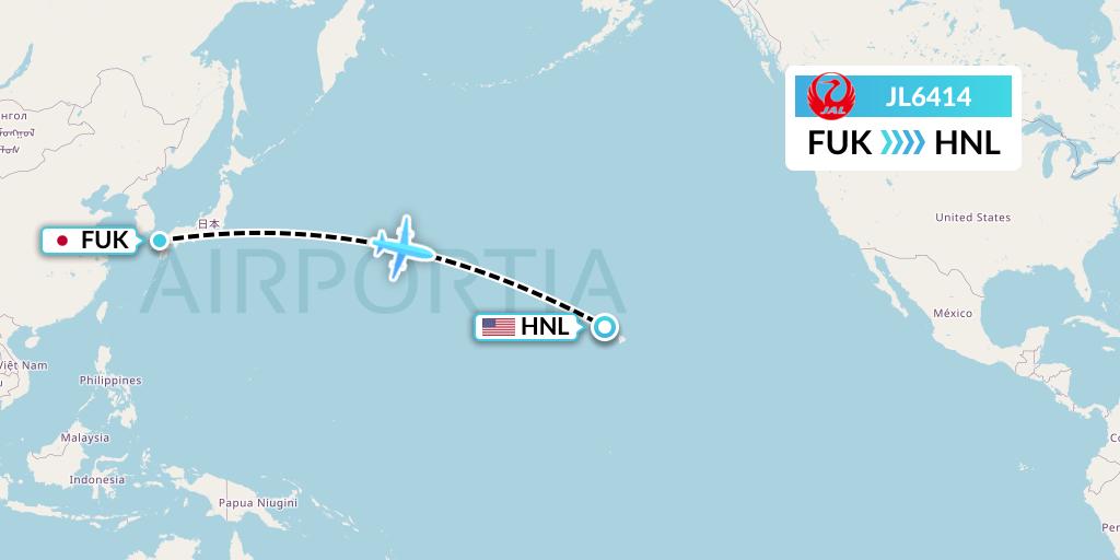 JL6414 Japan Airlines Flight Map: Fukuoka to Honolulu