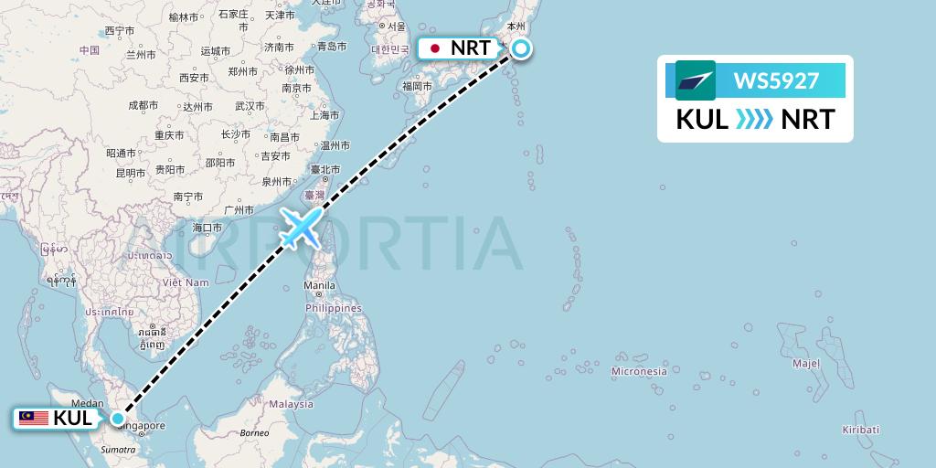 WS5927 WestJet Flight Map: Kuala Lumpur to Tokyo