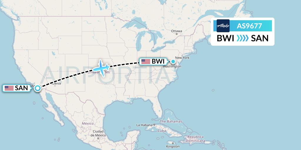 AS9677 Alaska Airlines Flight Map: Baltimore to San Diego