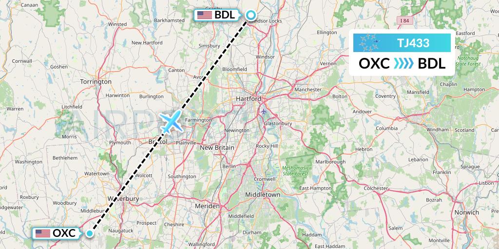 TJ433 Tradewind Aviation Flight Map: Oxford to Windsor Locks