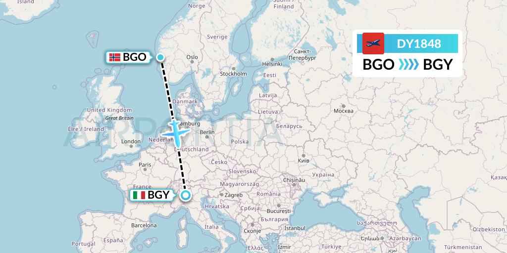 DY1848 Norwegian Flight Map: Bergen to Milan