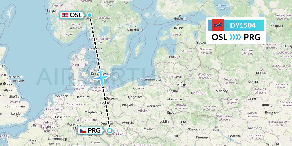 DY1504 Norwegian Flight Map: Oslo to Prague