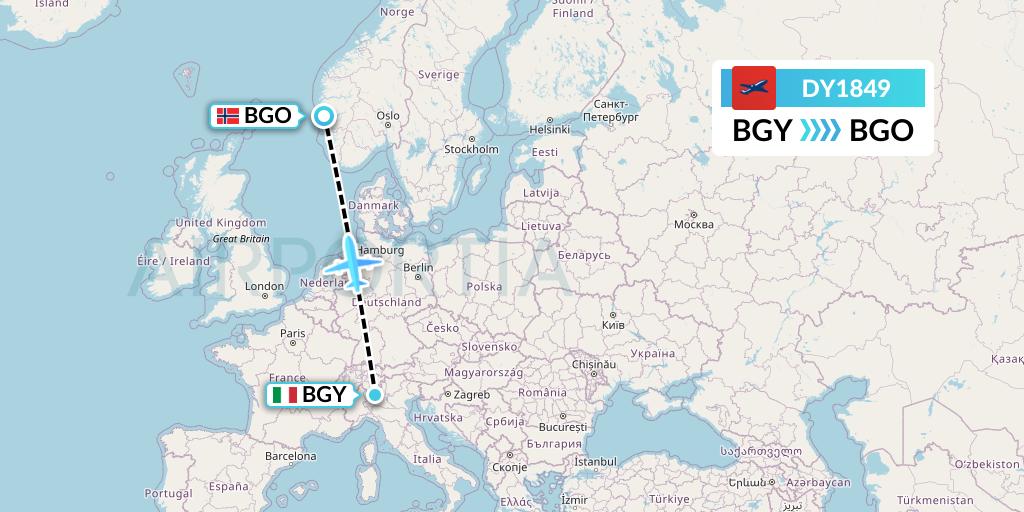 DY1849 Norwegian Flight Map: Milan to Bergen