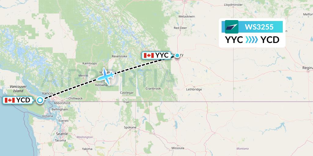 WS3255 WestJet Flight Map: Calgary to Nanaimo