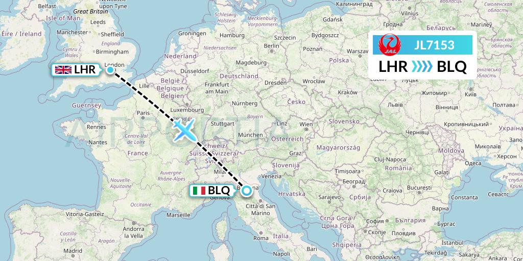 JL7153 Japan Airlines Flight Map: London to Bologna