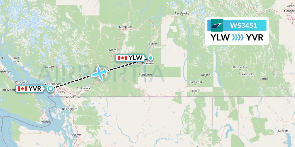 WS3451 WestJet Flight Map: Kelowna to Vancouver