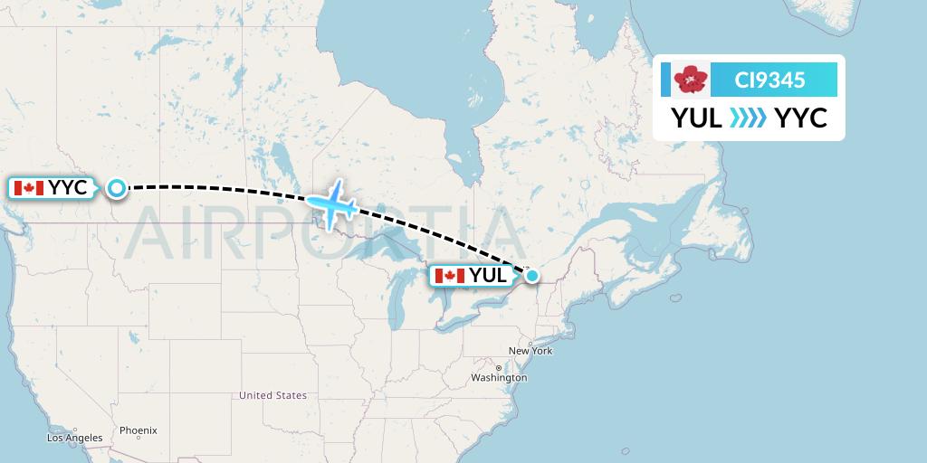CI9345 China Airlines Flight Map: Montreal to Calgary