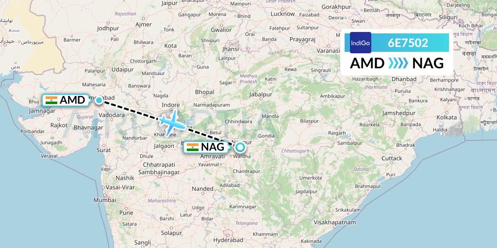 6E7502 IndiGo Airlines Flight Map: Ahmedabad to Nagpur