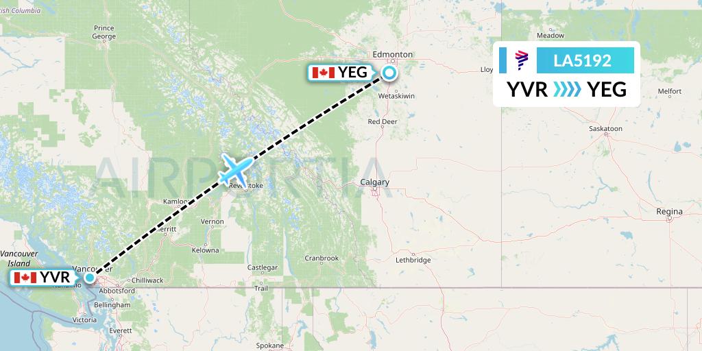 LA5192 LAN Airlines Flight Map: Vancouver to Edmonton