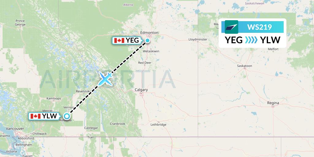WS219 WestJet Flight Map: Edmonton to Kelowna