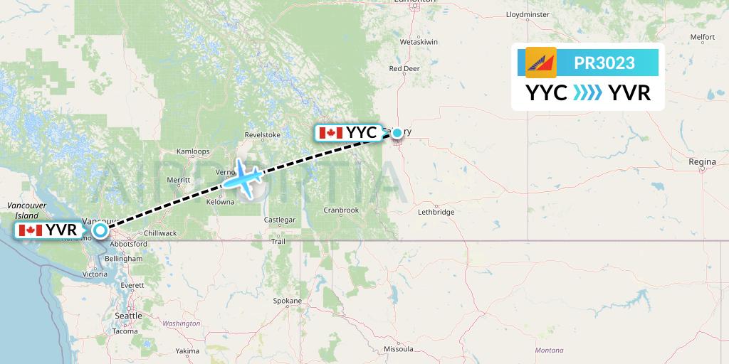 PR3023 Philippine Airlines Flight Map: Calgary to Vancouver