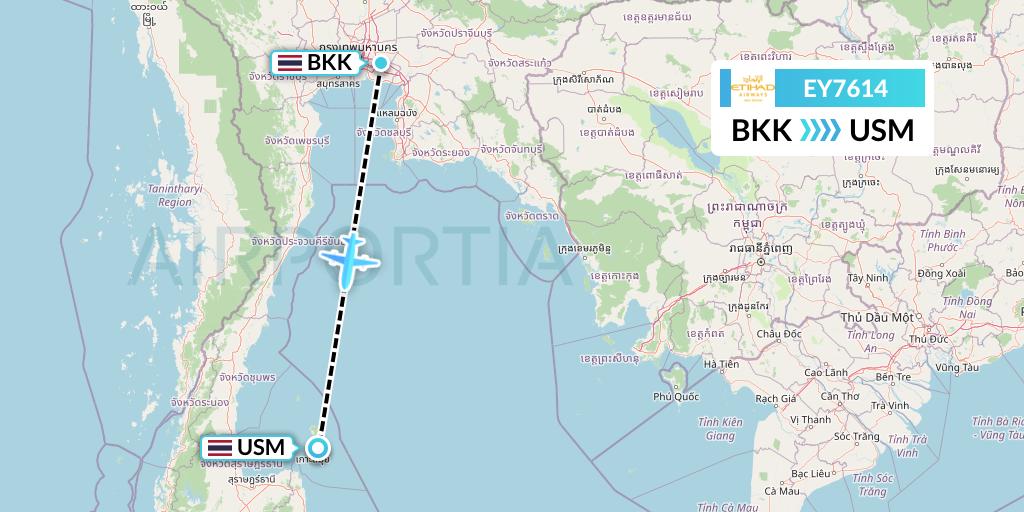 EY7614 Etihad Airways Flight Map: Bangkok to Koh Samui