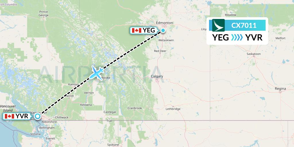 CX7011 Cathay Pacific Flight Map: Edmonton to Vancouver