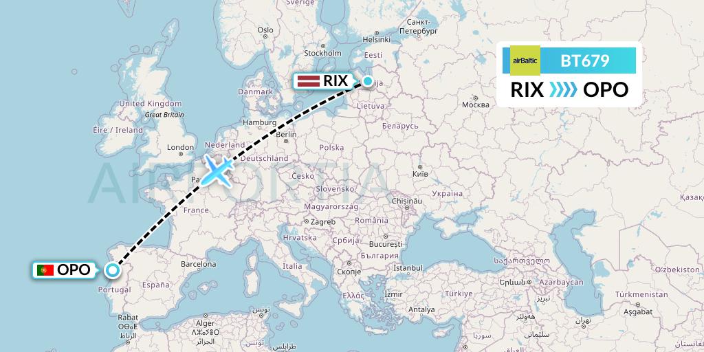 BT679 Air Baltic Flight Map: Riga to Porto
