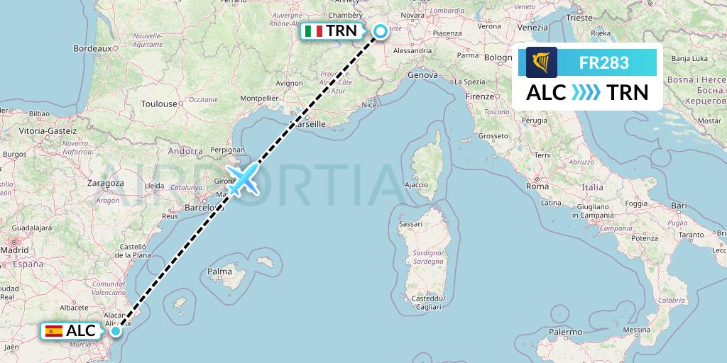 FR283 Ryanair Flight Map: Alicante to Turin