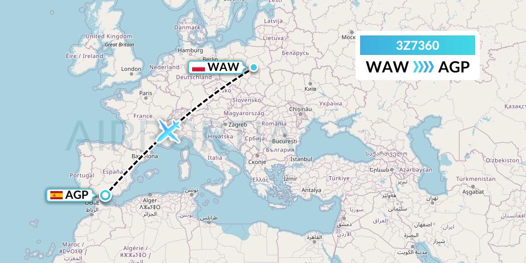 3Z7360 Travel Service Polska Flight Map: Warsaw to Malaga